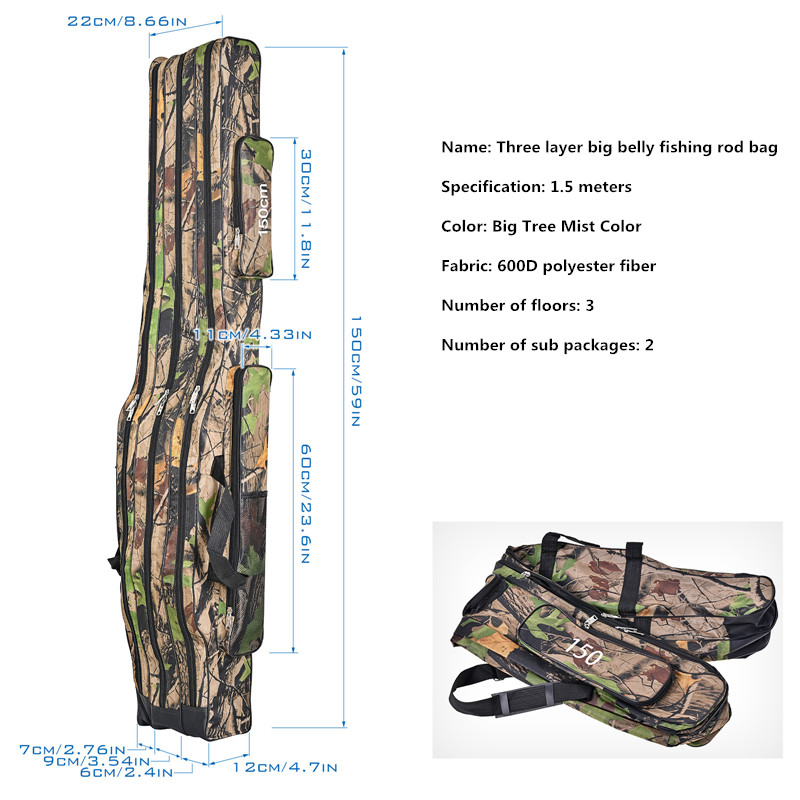 Fishing Equipment Bag - 1.2m/1.5m 三層折りたたみ式大型釣りバッグ、ダブルショルダー釣り竿バッグ、アウトドア収納釣りキット